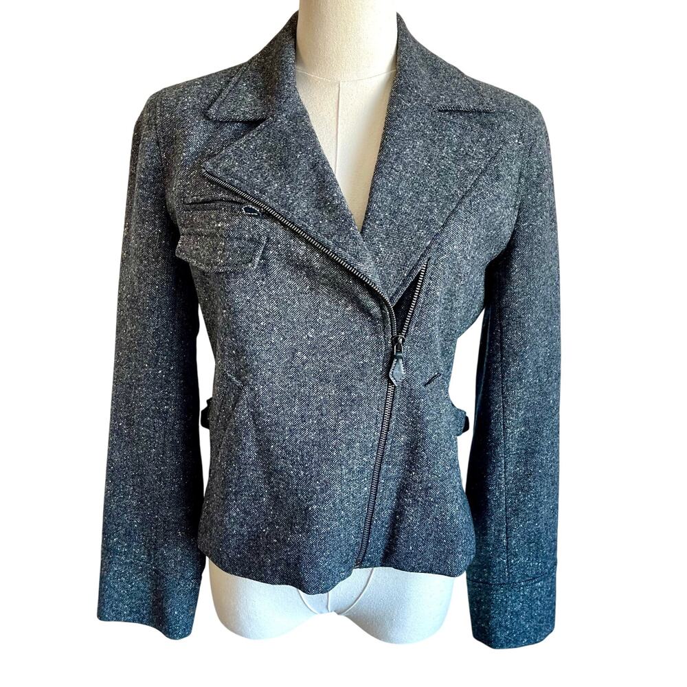 Ralph Lauren 100% Lambswool Gray Charcoal Tweed Zip Crop Moto Bomber Jacket 6P